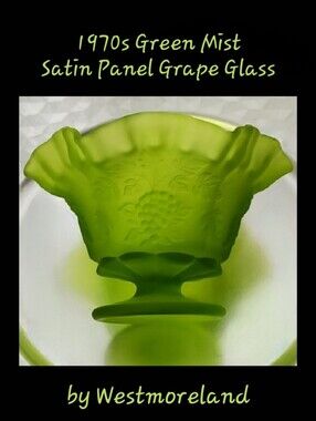1970s Green Mist 6 1/4" Ruffle Rim, Grape Paneled Satin Glass Dish Westmoreland